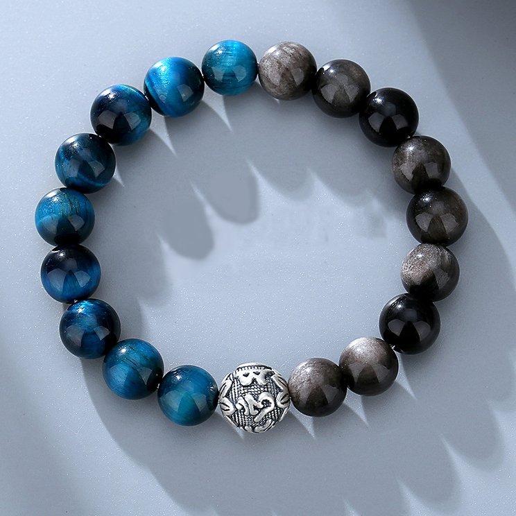 Men’s High-end Hand Accessories Made of Natural Obsidian and Sterling Silver, with the Six-character Mantra Beads - taoistcrystal.com Men’s High-end Hand Accessories Made of Natural Obsidian and Sterling Silver, with the Six-character Mantra Beads