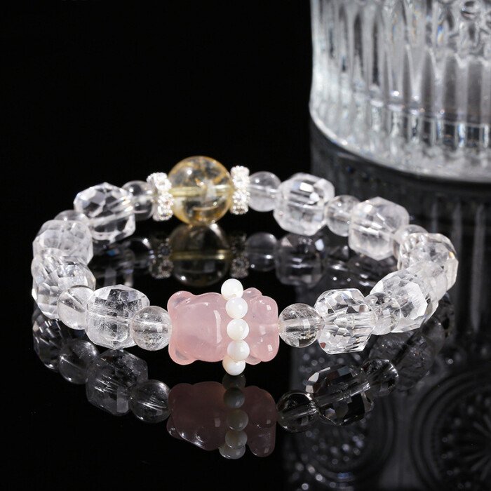 White Crystal Sugar Cube, Pink Quartz, Teddy Bear Bracelet