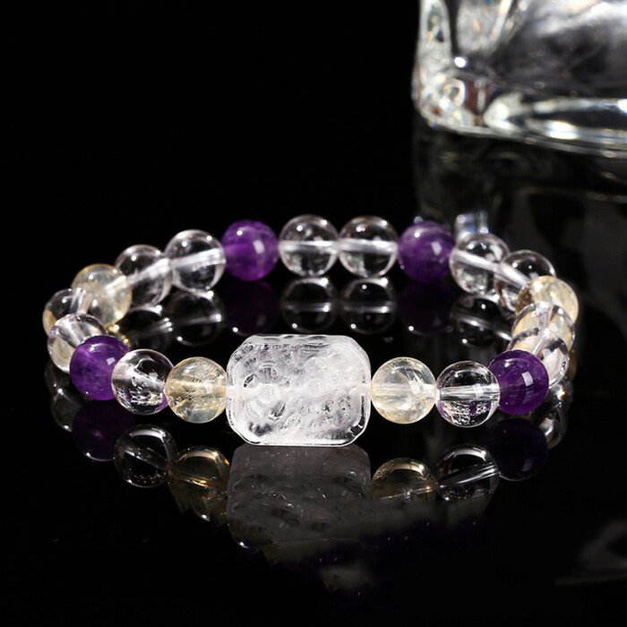 7A natural rock crystal and amethyst-citrine flower plaque bracelet.
