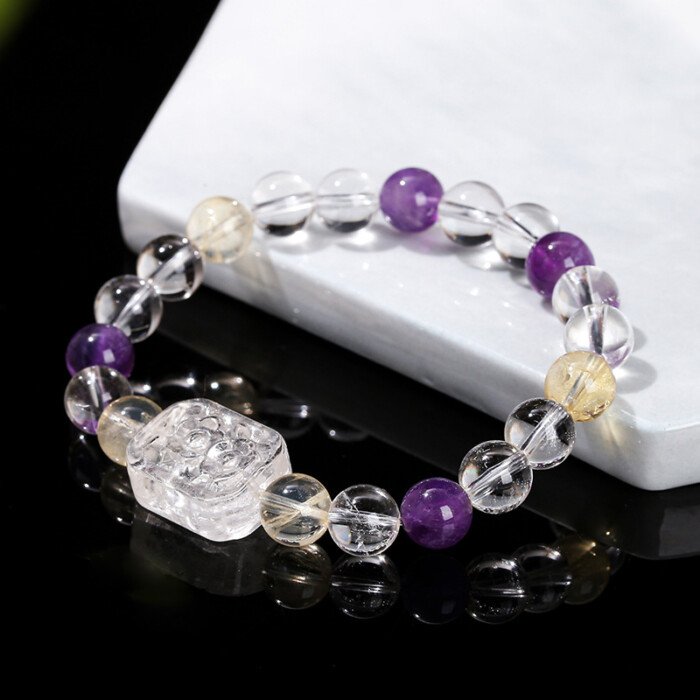 7A natural rock crystal and amethyst-citrine flower plaque bracelet.
