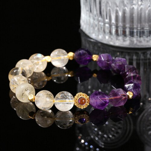 Natural citrine and amethyst rhombus bead bracelet.