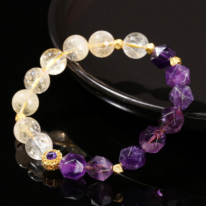 Natural citrine and amethyst rhombus bead bracelet.