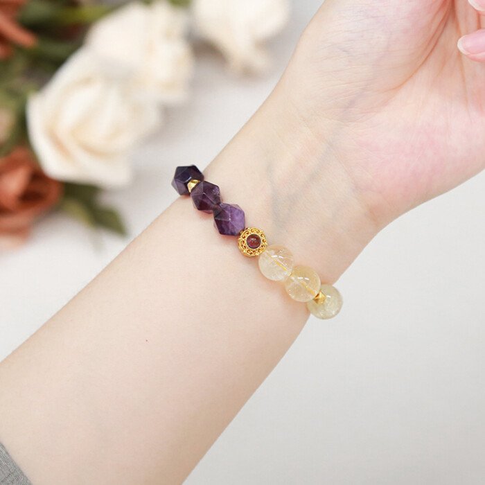 Natural citrine and amethyst rhombus bead bracelet.