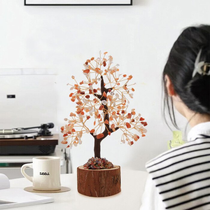 Natural Multicolored Crystal Life Tree with Log Base – Bring stable wealth fortune
