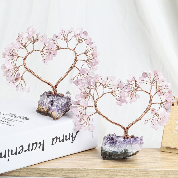 Heart – shaped Crystal Unity Tree and Wish – making Tree with Amethyst Raw Ore Base – Exude a thick and gentle atmosphere of love
