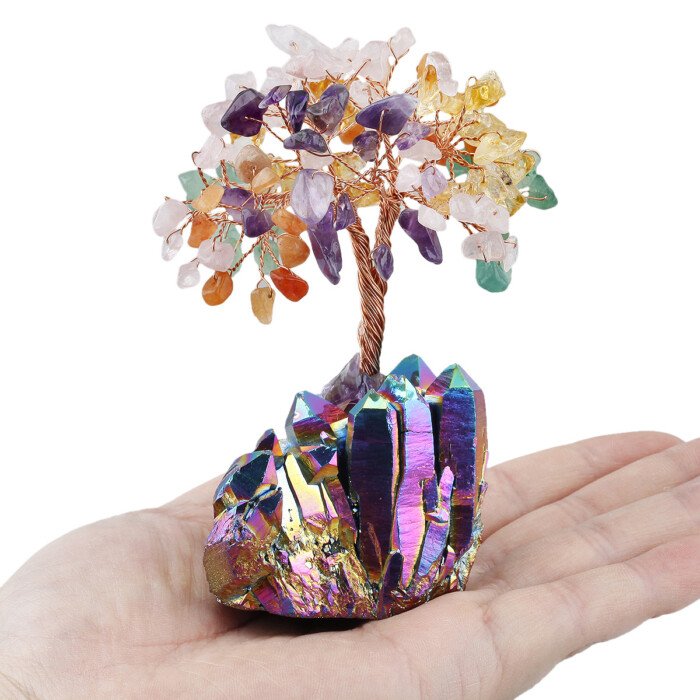 Crystal Life Tree with Electro – plated Colorful Raw Ore Crystal Cluster Base – Bring the blessing of a peaceful and stable state of mind