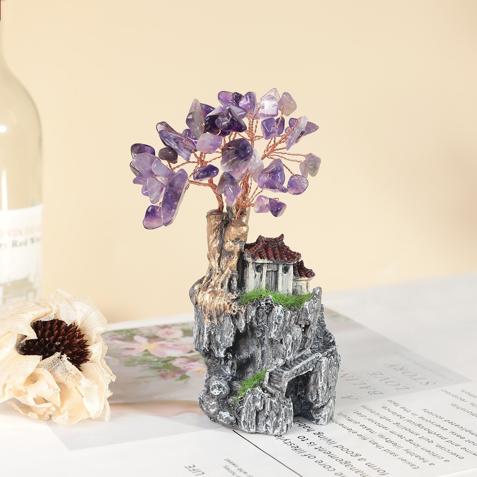 Creative amethyst yellow crystal fortune tree resin small house landscape ornaments - taoistcrystal.com Creative amethyst yellow crystal fortune tree resin small house landscape ornaments