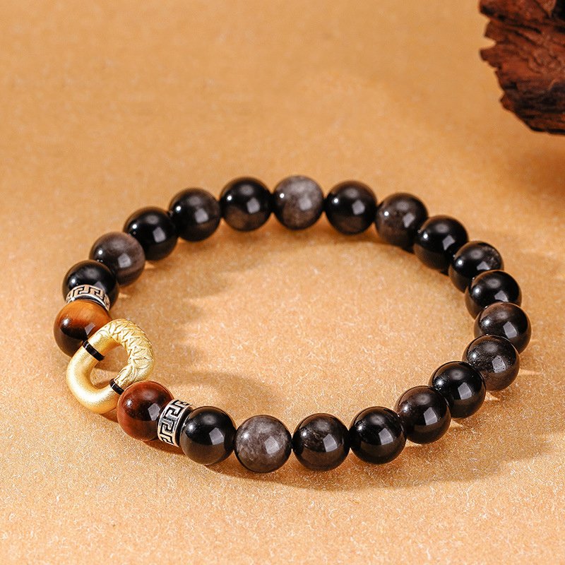 Natural Obsidian S925 Sterling Silver Square Peace Buckle String - taoistcrystal.com Natural Obsidian S925 Sterling Silver Square Peace Buckle String