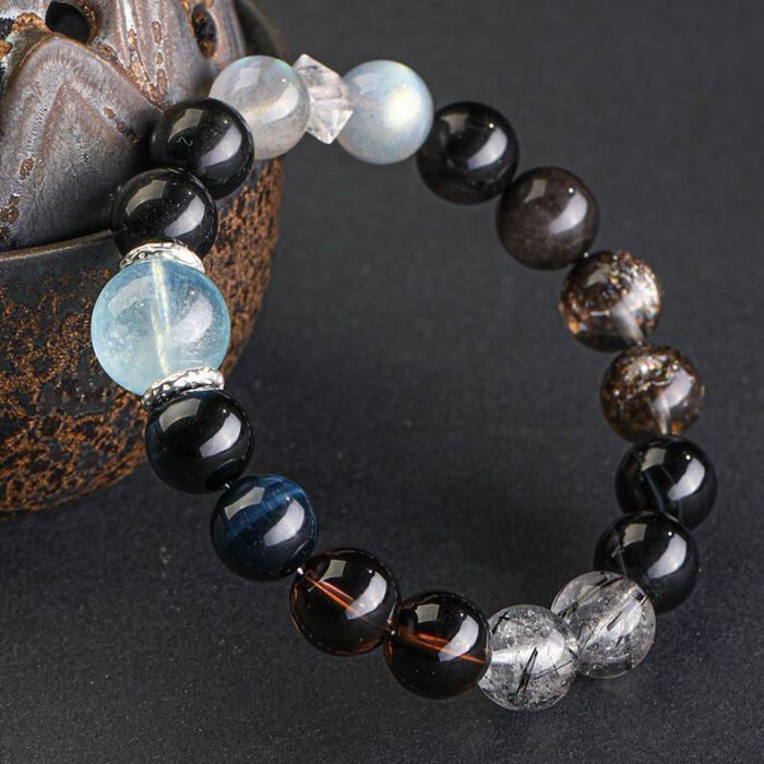 Multi – gemstone bracelets made of natural crystals and obsidian for balancing the five elements, replenishing water for those who lack water element among the five elements and have an affinity for water element.