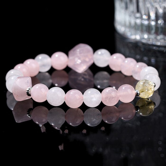 Natural White Jade and Pink Quartz Free – Form Bead Bracelet