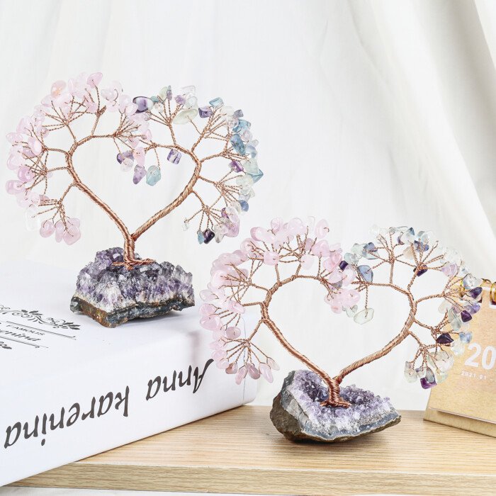 Heart – shaped Crystal Unity Tree and Wish – making Tree with Amethyst Raw Ore Base – Exude a thick and gentle atmosphere of love