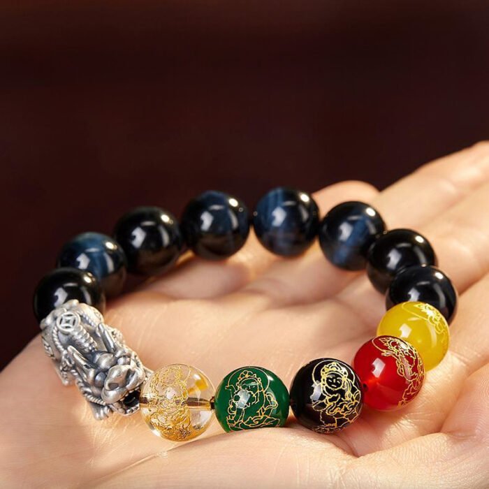Natural tiger’s eye stone Five-way Wealth God silver pixiu bracelet.
