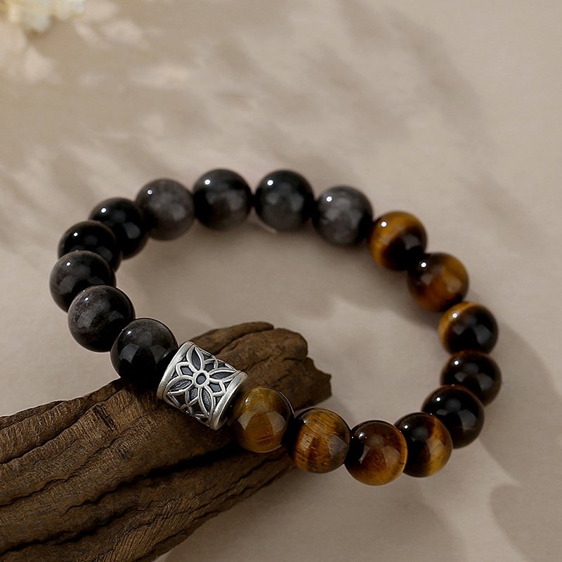 Men’s bracelet Made of Natural Sterling Silver, Obsidian, “Road to Wealth” and Tiger’s Eye Stone - taoistcrystal.com Men’s bracelet Made of Natural Sterling Silver, Obsidian, “Road to Wealth” and Tiger’s Eye Stone