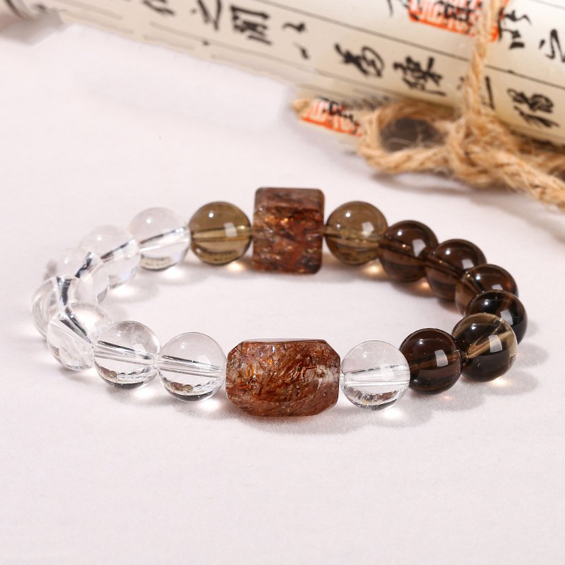Natural Smoky Quartz, White Crystal, Black Gold Super Seven Freeform Bead Bracelet - taoistcrystal.com Natural Smoky Quartz, White Crystal, Black Gold Super Seven Freeform Bead Bracelet