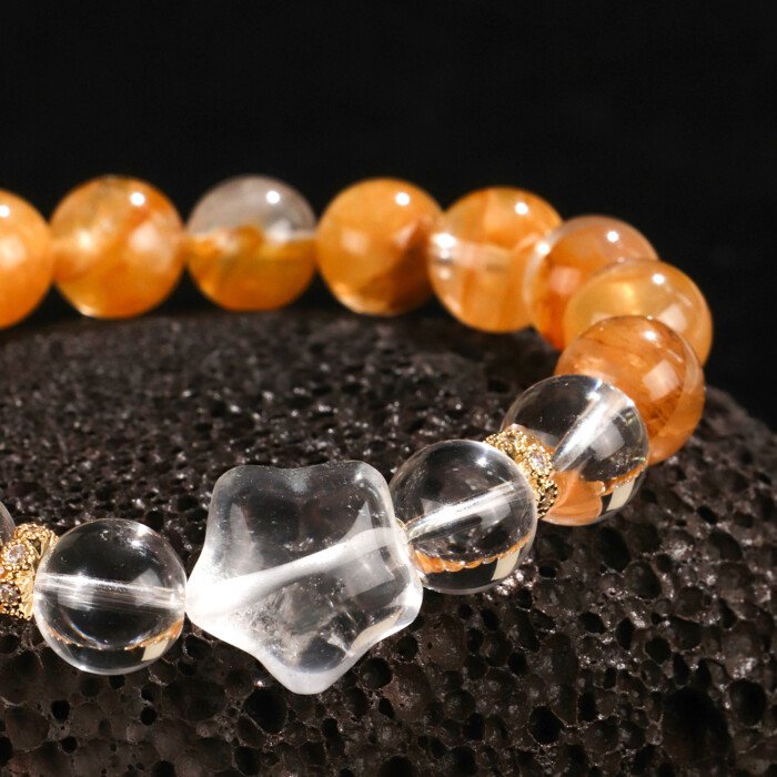 White Crystal Yellow Gum Flower Little Star Design Beaded Bracelet