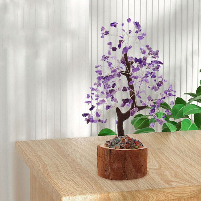 Natural Multicolored Crystal Life Tree with Log Base – Bring stable wealth fortune