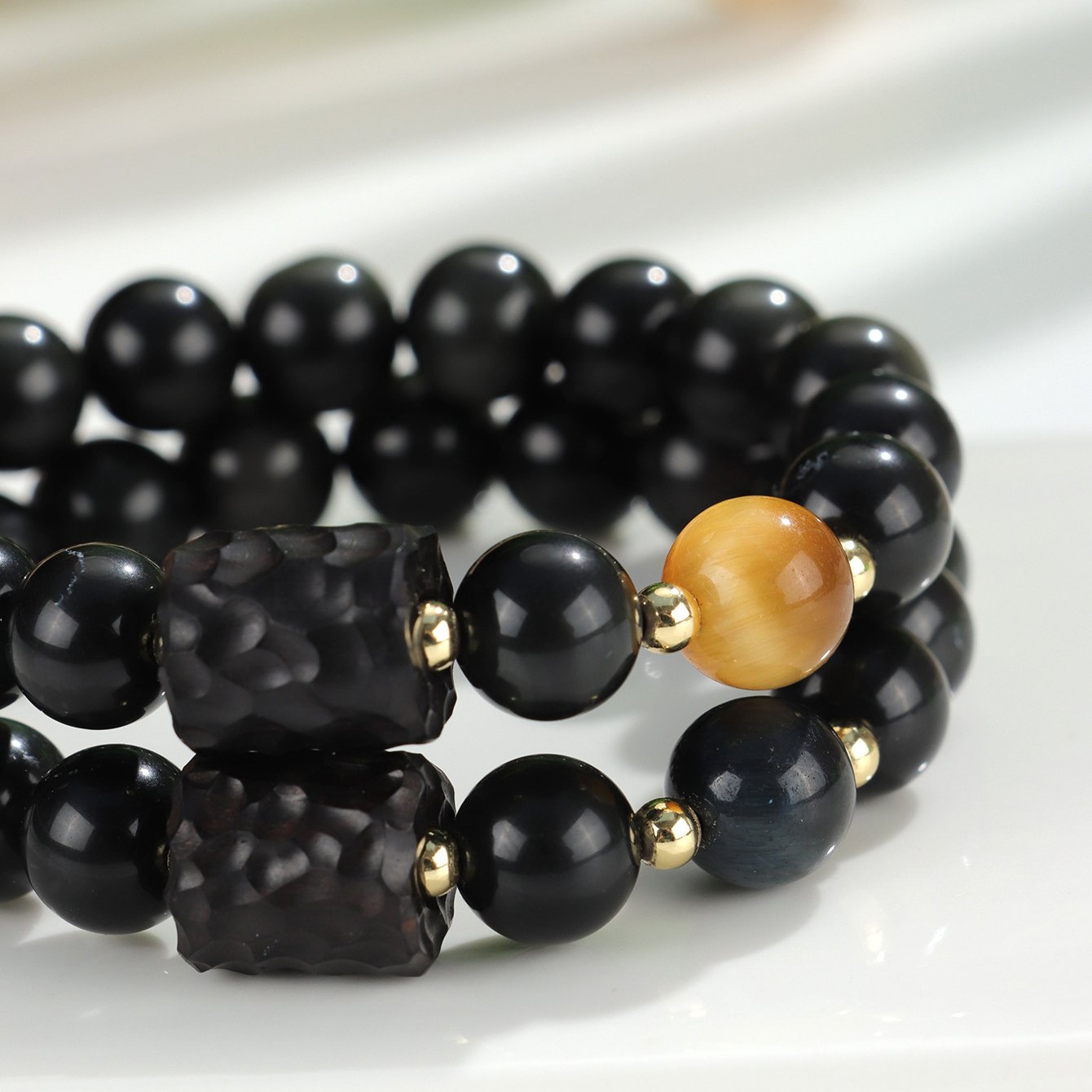 Personalized Obsidian and Yellow Tiger’s Eye Beaded Bracelet - taoistcrystal.com Personalized Obsidian and Yellow Tiger’s Eye Beaded Bracelet