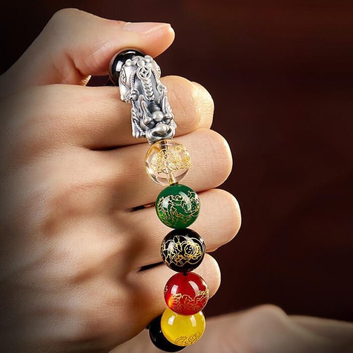 Natural tiger’s eye stone Five-way Wealth God silver pixiu bracelet.