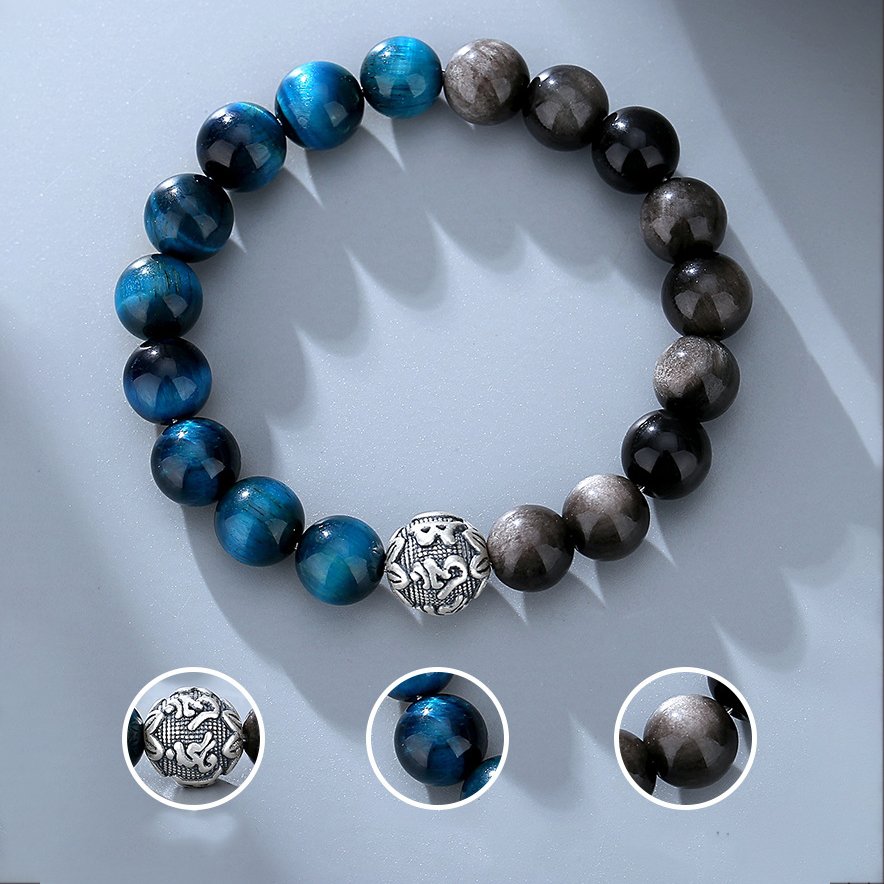 Men’s High-end Hand Accessories Made of Natural Obsidian and Sterling Silver, with the Six-character Mantra Beads - taoistcrystal.com Men’s High-end Hand Accessories Made of Natural Obsidian and Sterling Silver, with the Six-character Mantra Beads