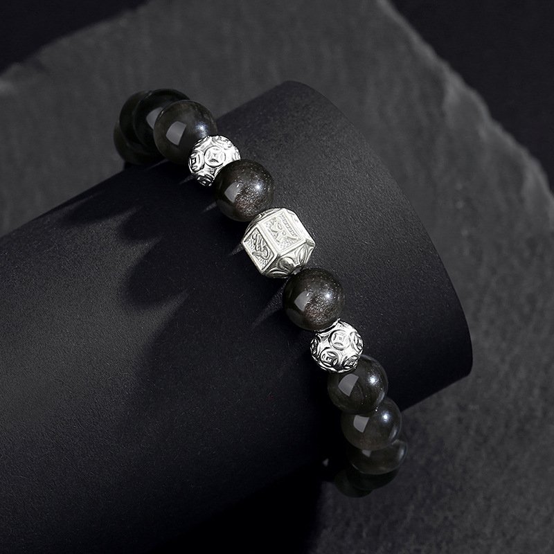 Men’s Obsidian Bracelet with the Six-character Mantra for the Year of One’s Zodiac - taoistcrystal.com Men’s Obsidian Bracelet with the Six-character Mantra for the Year of One’s Zodiac
