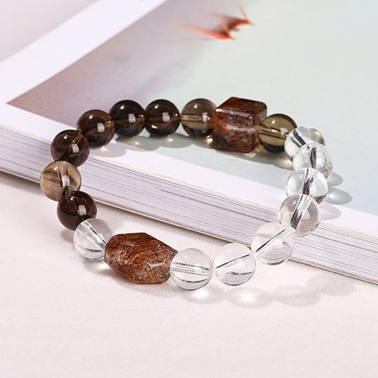 Natural Smoky Quartz, White Crystal, Black Gold Super Seven Freeform Bead Bracelet - taoistcrystal.com Natural Smoky Quartz, White Crystal, Black Gold Super Seven Freeform Bead Bracelet
