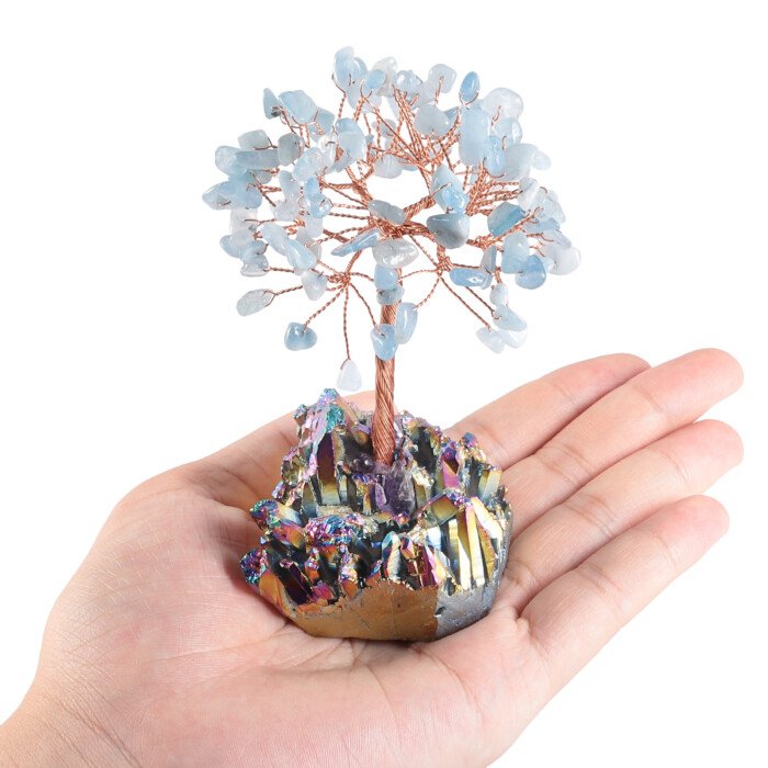 Crystal Life Tree with Electro – plated Colorful Raw Ore Crystal Cluster Base – Bring the blessing of a peaceful and stable state of mind