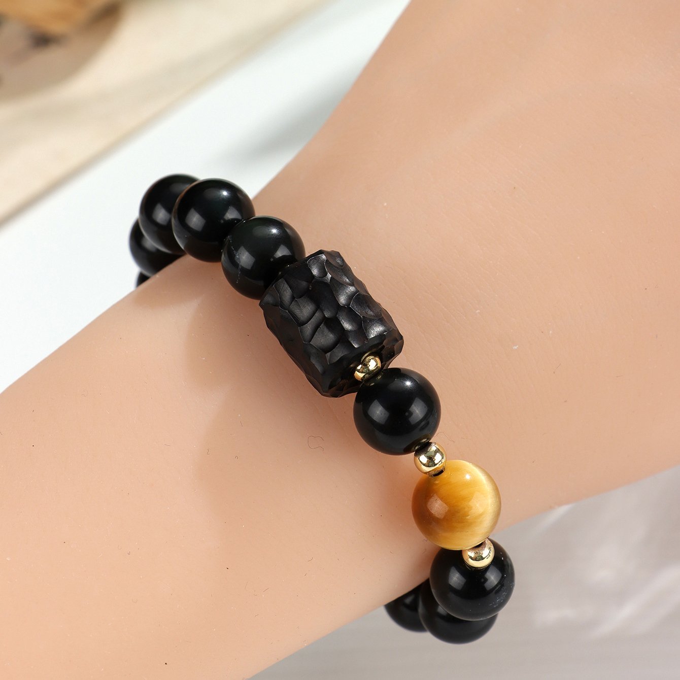 Personalized Obsidian and Yellow Tiger’s Eye Beaded Bracelet - taoistcrystal.com Personalized Obsidian and Yellow Tiger’s Eye Beaded Bracelet