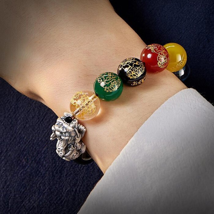 Natural tiger’s eye stone Five-way Wealth God silver pixiu bracelet.