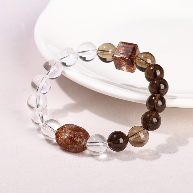 Natural Smoky Quartz, White Crystal, Black Gold Super Seven Freeform Bead Bracelet - taoistcrystal.com Natural Smoky Quartz, White Crystal, Black Gold Super Seven Freeform Bead Bracelet