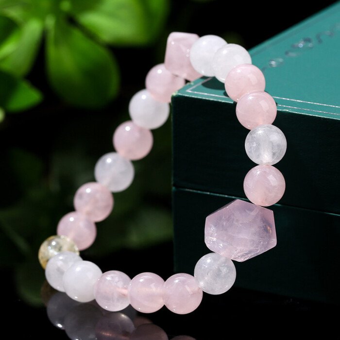 Natural White Jade and Pink Quartz Free – Form Bead Bracelet