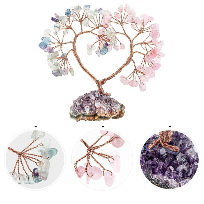 Heart – shaped Crystal Unity Tree and Wish – making Tree with Amethyst Raw Ore Base – Exude a thick and gentle atmosphere of love