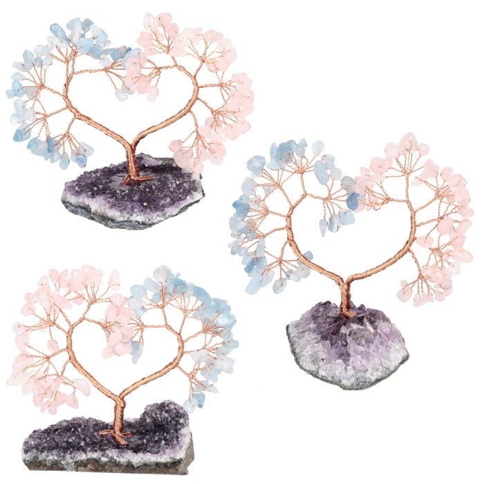 Heart – shaped Crystal Unity Tree and Wish – making Tree with Amethyst Raw Ore Base – Exude a thick and gentle atmosphere of love