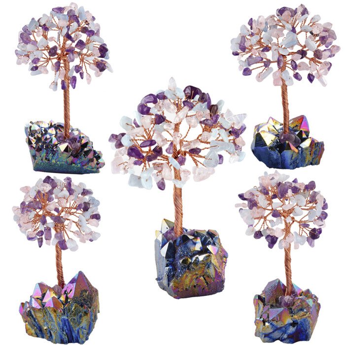 Crystal Life Tree with Electro – plated Colorful Raw Ore Crystal Cluster Base – Bring the blessing of a peaceful and stable state of mind