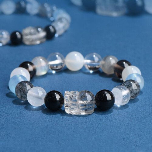 Black Rutilated Quartz and Smoky Quartz Pi Xiu Bracelet-Compensating for the Deficiency of Metal and Earth Elements, Which Are Favored in the Five – Element System