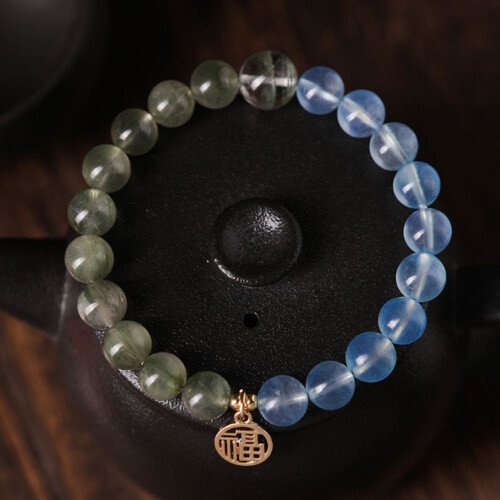 Crystal “Fu” – shaped charm bracelet for supplementing water & wood elements in the Wuxing theory