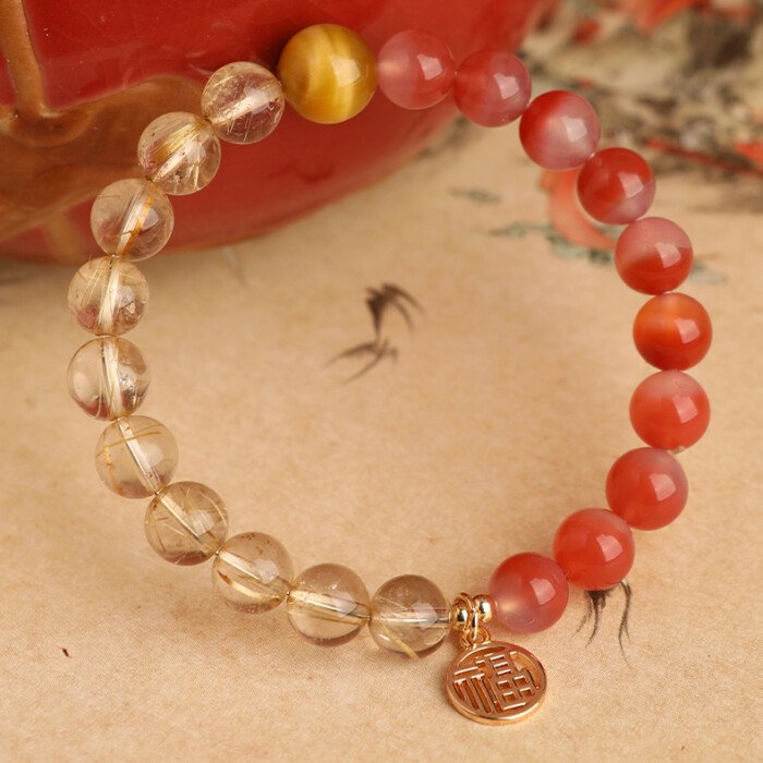 Crystal “Fu” – shaped charm bracelet for supplementing fire & earth elements in the Wuxing theory