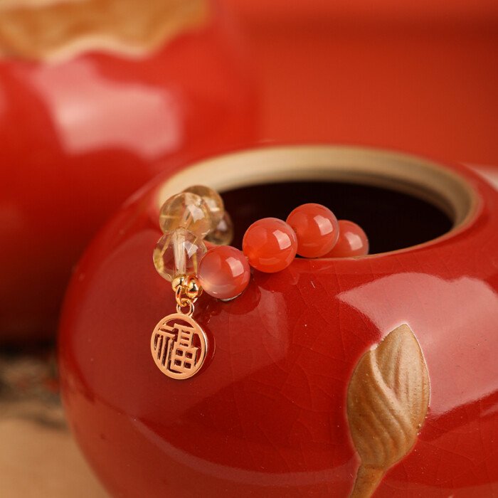 Crystal “Fu” – shaped charm bracelet for supplementing fire & earth elements in the Wuxing theory