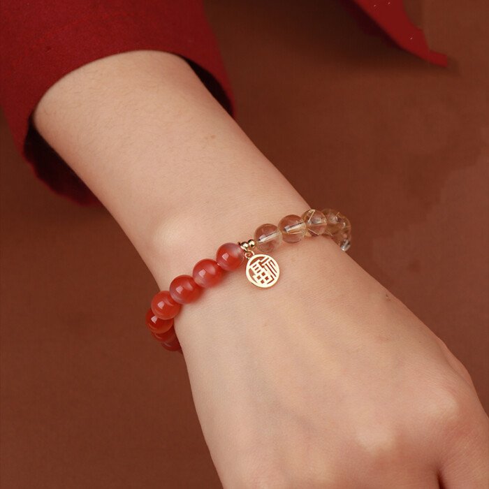 Crystal “Fu” – shaped charm bracelet for supplementing fire & earth elements in the Wuxing theory