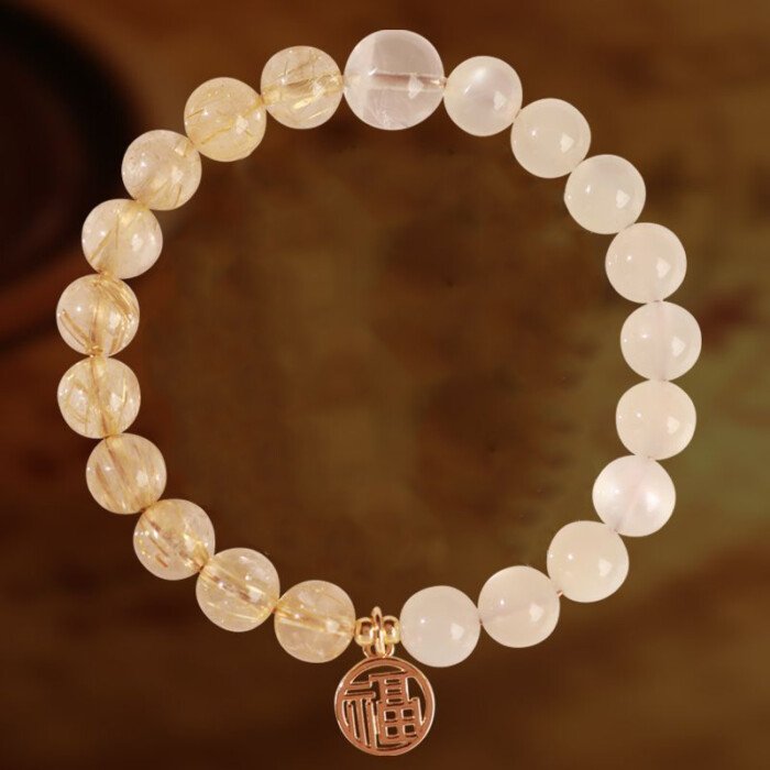Crystal “Fu” – shaped charm bracelet for supplementing metal & earth elements in the Wuxing theory