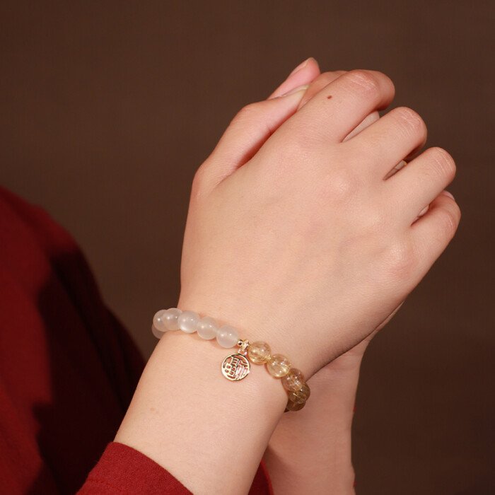 Crystal “Fu” – shaped charm bracelet for supplementing metal & earth elements in the Wuxing theory