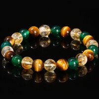 Natural yellow tiger’s eye stone, green agate and yellow crystal mixed bead bracelet.
