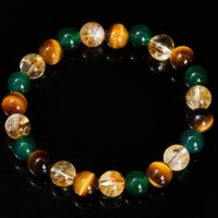 Natural yellow tiger’s eye stone, green agate and yellow crystal mixed bead bracelet.