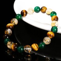 Natural yellow tiger’s eye stone, green agate and yellow crystal mixed bead bracelet.