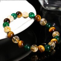 Natural yellow tiger’s eye stone, green agate and yellow crystal mixed bead bracelet.