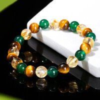 Natural yellow tiger’s eye stone, green agate and yellow crystal mixed bead bracelet.