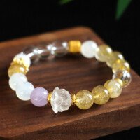 Golden – rutilated quartz and lavender amethyst lotus bead hand string  Bracelet