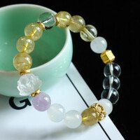 Golden – rutilated quartz and lavender amethyst lotus bead hand string  Bracelet
