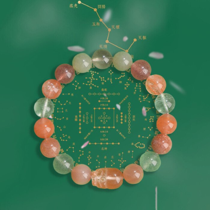 Green Strawberry Quartz, Yanyuan Pi Xiu, and Sunstone Bracelet: Favoring Fire and Wood Elements in the Five – Element Theory