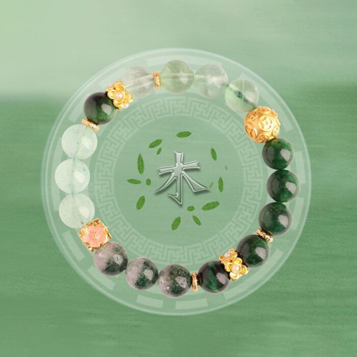 Lady’s Green Phantom “Road to Wealth” Crystal Bead Bracelet with Strawberry Quartz, an Accessory for Complementing the Wood Element