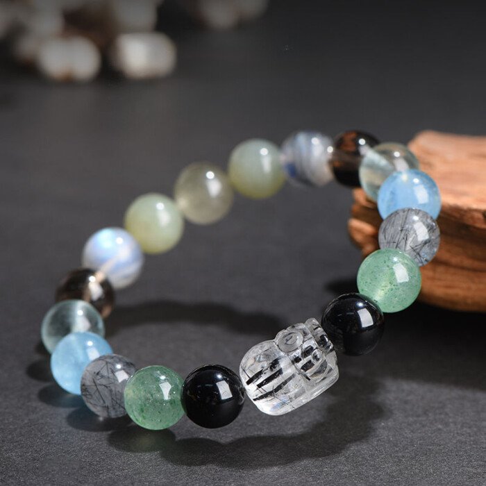 Obsidian and Green Strawberry Quartz Pi Xiu Bracelet – Compensating for the Lack of Metal and Earth Elements